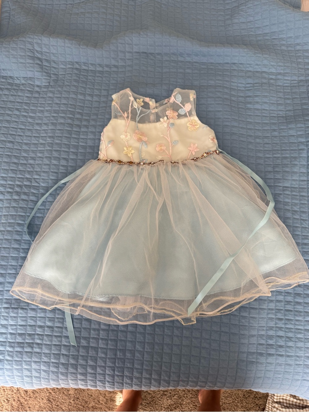 Rare Editions Pastel Blue and Pink Tulle Floral Dress